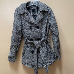 Riley and James Women Pea Coat Double Breasted with Belt, Black/White Size M NWT